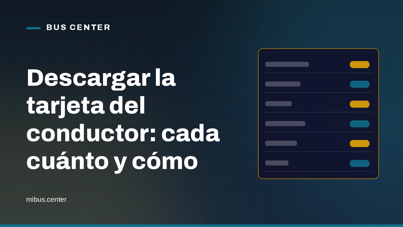 Portada gráfica de Bus Center: una ficha con filas sobre fondo azul noche, con el titular del artículo