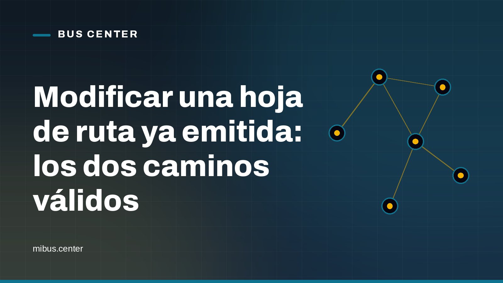 Portada gráfica de Bus Center: una red de nodos conectados sobre fondo azul noche, con el titular del artículo