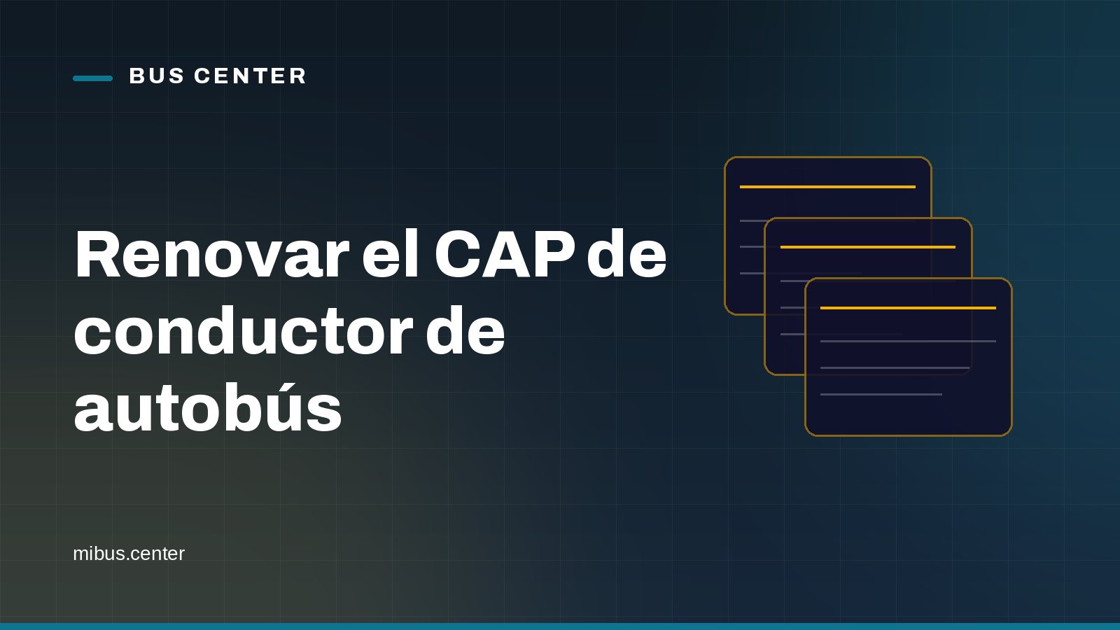 Portada gráfica de Bus Center: tarjetas superpuestas sobre fondo azul noche, con el titular del artículo