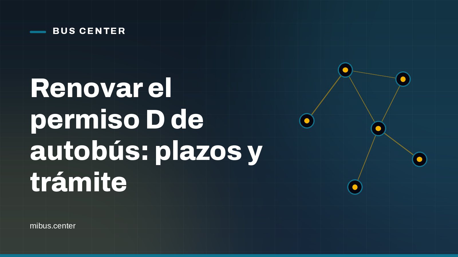 Portada gráfica de Bus Center: una red de nodos conectados sobre fondo azul noche, con el titular del artículo